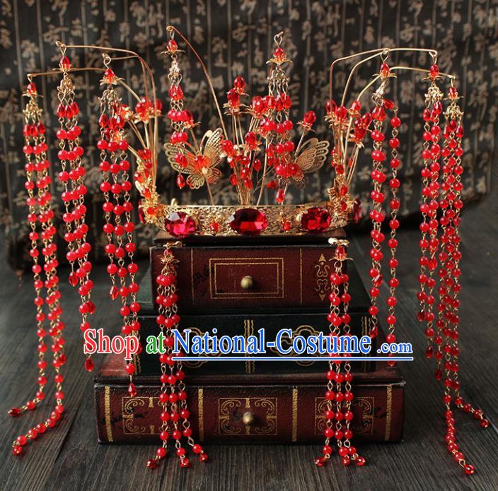 Chinese Ancient Palace Hair Accessories Traditional Wedding Classical Red Beads Tassel Phoenix Coronet Hairpins for Women