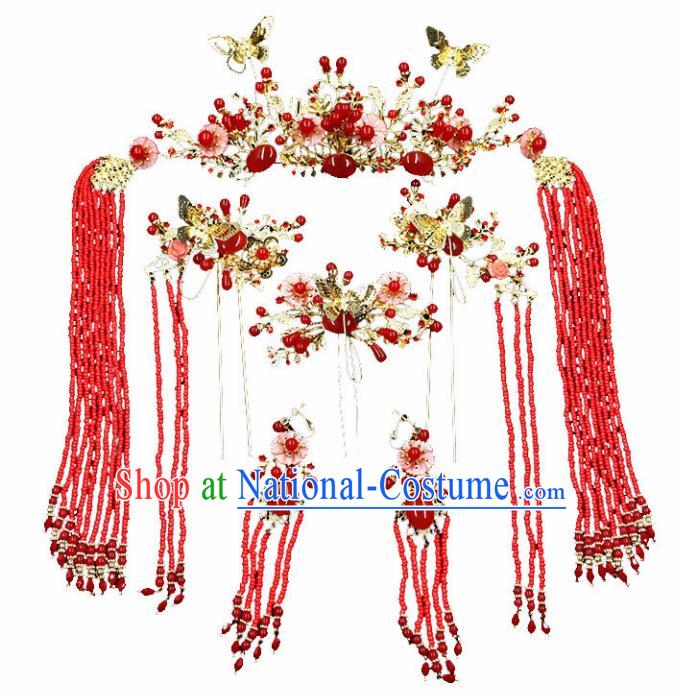 Chinese Ancient Hair Accessories Traditional Wedding Classical Agate Hair Crown Tassel Hairpins for Women