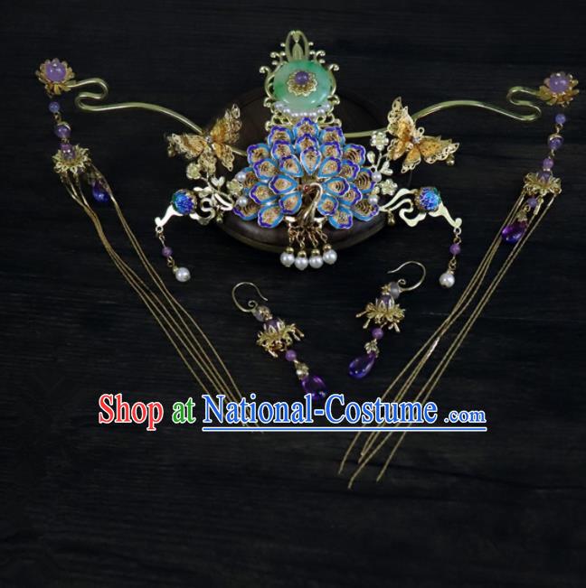 Chinese Ancient Palace Hair Accessories Traditional Classical Blueing Phoenix Coronet Hairpins for Women