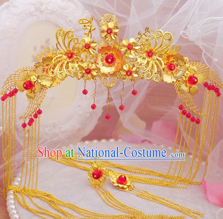 Chinese Ancient Bride Hair Accessories Traditional Classical Golden Crown Tassel Hairpins for Women