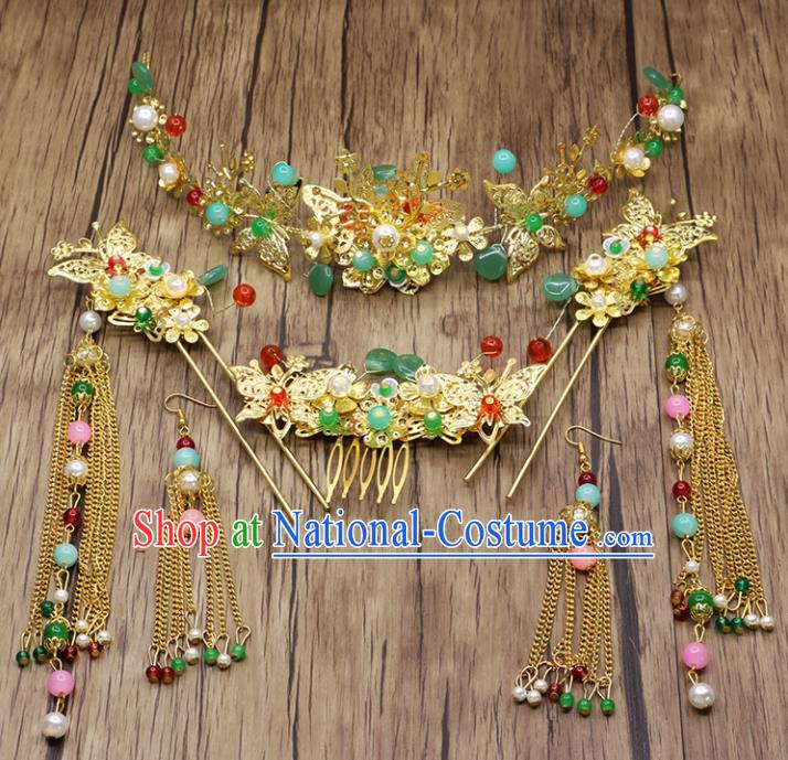 Chinese Ancient Bride Phoenix Coronet Hair Accessories Traditional Classical Tassel Hairpins for Women