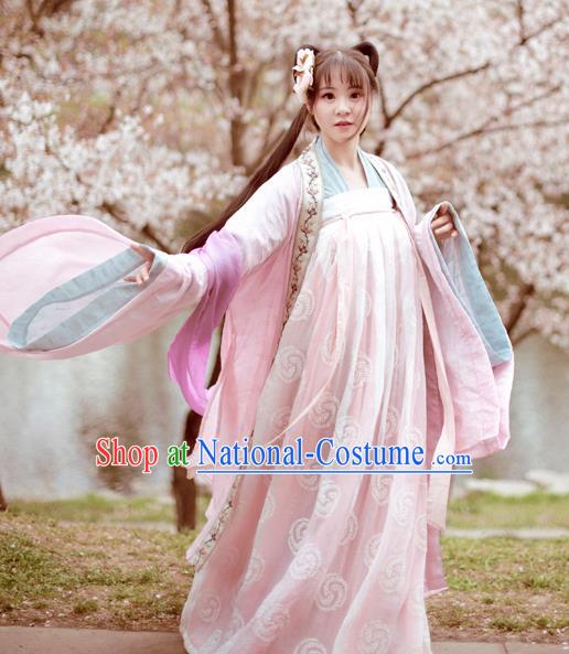 Traditional Chinese Ancient Nobility Lady Pink Hanfu Dress Tang Dynasty Princess Historical Costume Complete Set for Women