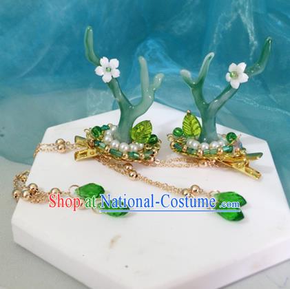 Chinese Ancient Hanfu Tassel Hair Accessories Traditional Green Dragon Horn Hair Claws Hairpins for Women