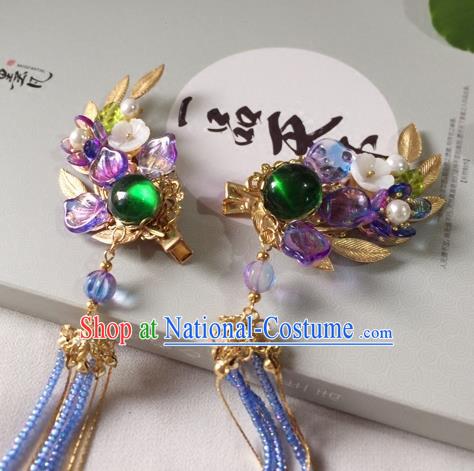 Chinese Ancient Hanfu Hair Accessories Traditional Green Coloured Glaze Hair Claws Tassel Hairpins for Women