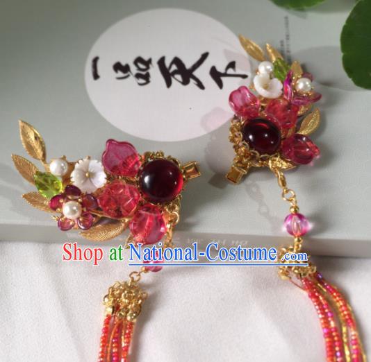 Chinese Ancient Hanfu Hair Accessories Traditional Red Coloured Glaze Hair Claws Tassel Hairpins for Women