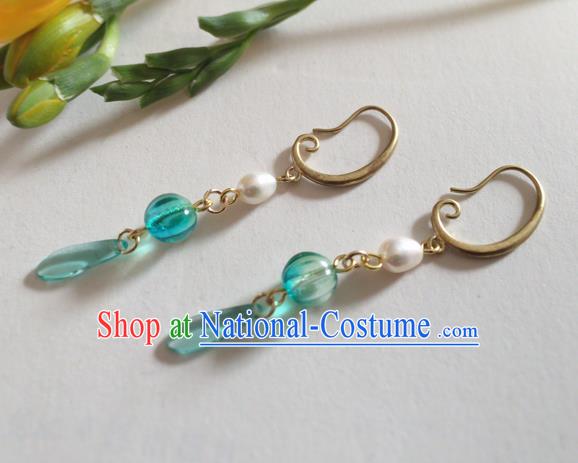 Chinese Ancient Hanfu Jewelry Accessories Traditional Pearl Green Earrings for Women