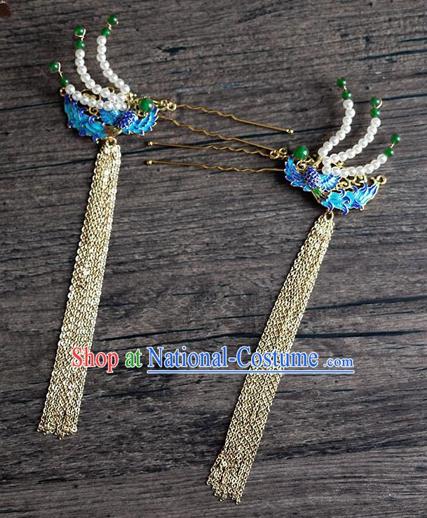 Chinese Ancient Hanfu Hair Accessories Traditional Wedding Blueing Phoenix Golden Tassel Hairpins for Women