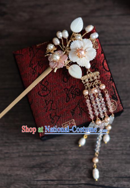 Chinese Ancient Hanfu Hair Accessories Traditional Wedding Shell Flowers Tassel Hairpins for Women