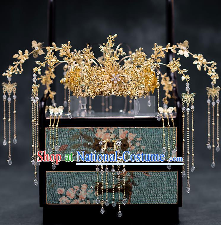 Chinese Ancient Hanfu Hair Accessories Traditional Wedding Golden Phoenix Coronet Hairpins for Women