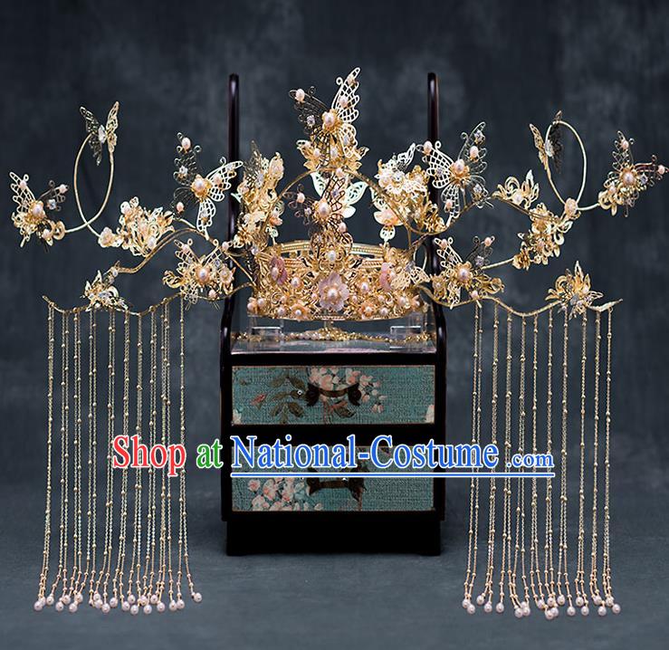 Chinese Ancient Hanfu Wedding Hair Accessories Traditional Golden Butterfly Tassel Phoenix Coronet Hairpins for Women