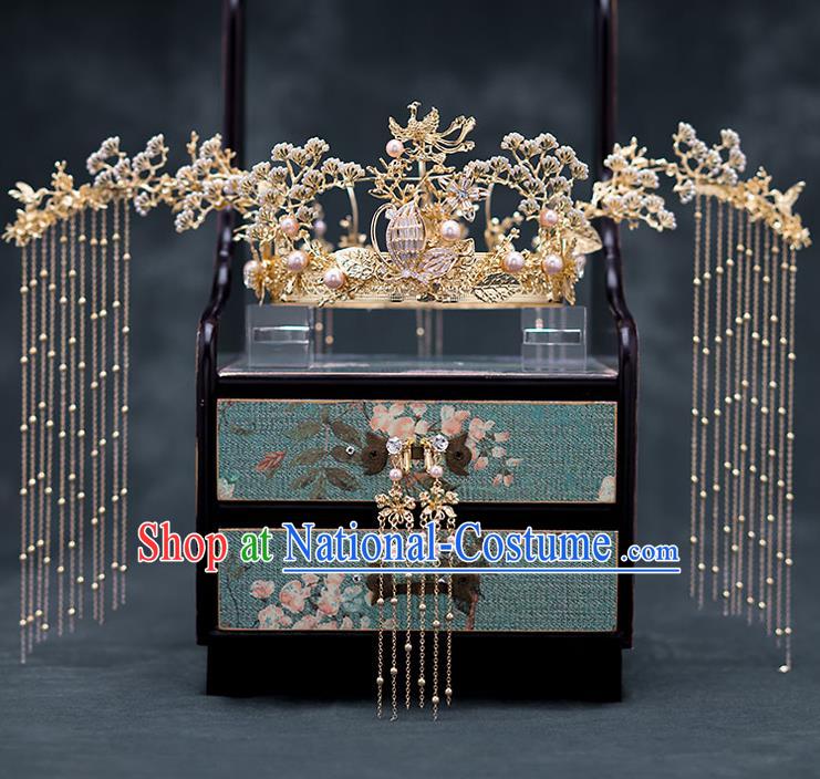 Chinese Ancient Wedding Hair Accessories Traditional Bride Hanfu Hairpins Golden Pineburst Phoenix Coronet for Women