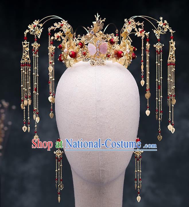 Chinese Ancient Wedding Hair Accessories Traditional Bride Hanfu Hairpins Tassel Phoenix Coronet for Women