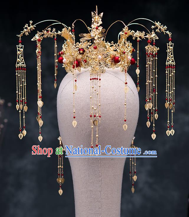 Chinese Ancient Wedding Hair Accessories Traditional Bride Hanfu Hairpins Tassel Phoenix Coronet for Women