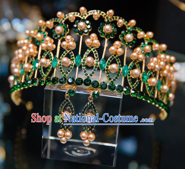 Handmade Baroque Hair Accessories Princess Wedding Green Gem Pearls Royal Crown for Women