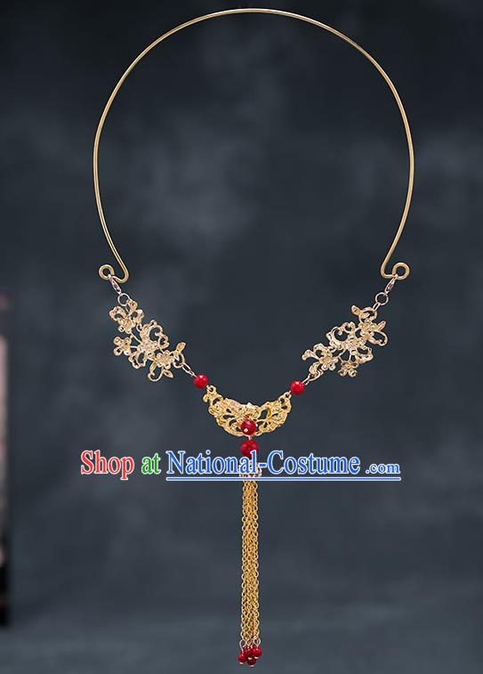 Chinese Ancient Bride Hanfu Jewelry Accessories Traditional Golden Tassel Necklace for Women