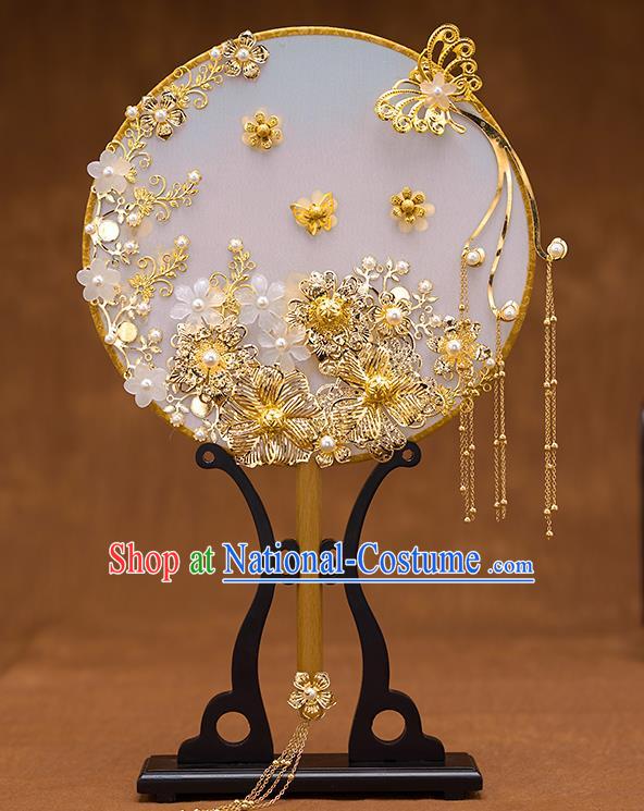 Chinese Ancient Bride Accessories Traditional Wedding Classical Golden Flowers Palace Fans for Women