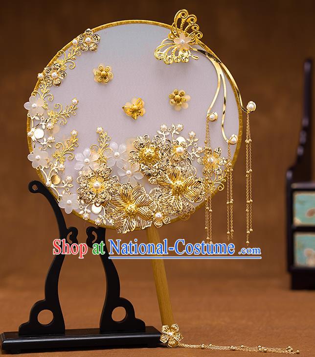 Chinese Ancient Bride Accessories Traditional Wedding Classical Golden Flowers Palace Fans for Women