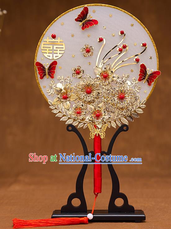 Chinese Ancient Bride Accessories Traditional Wedding Classical Red Butterfly Palace Fans for Women