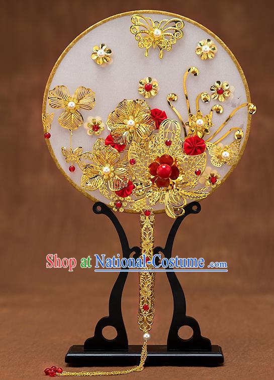 Chinese Ancient Bride Accessories Traditional Wedding Classical Golden Palace Fans for Women