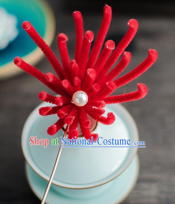 Chinese Ancient Queen Hair Accessories Traditional Hanfu Red Chrysanthemum Hairpins for Women