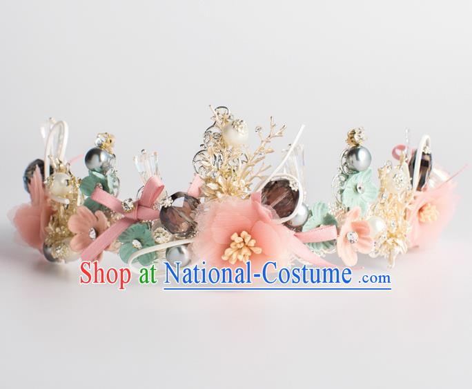 Handmade Wedding Hair Accessories Baroque Queen Pink Silk Flowers Royal Crown for Women