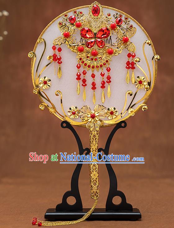 Chinese Ancient Bride Red Crystal Butterfly Round Fans Traditional Wedding Classical Palace Fans for Women