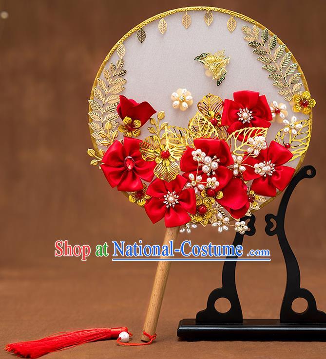 Chinese Ancient Bride Red Flowers Round Fans Traditional Wedding Classical Palace Fans for Women