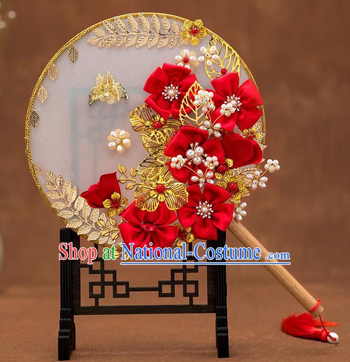 Chinese Ancient Bride Red Flowers Round Fans Traditional Wedding Classical Palace Fans for Women