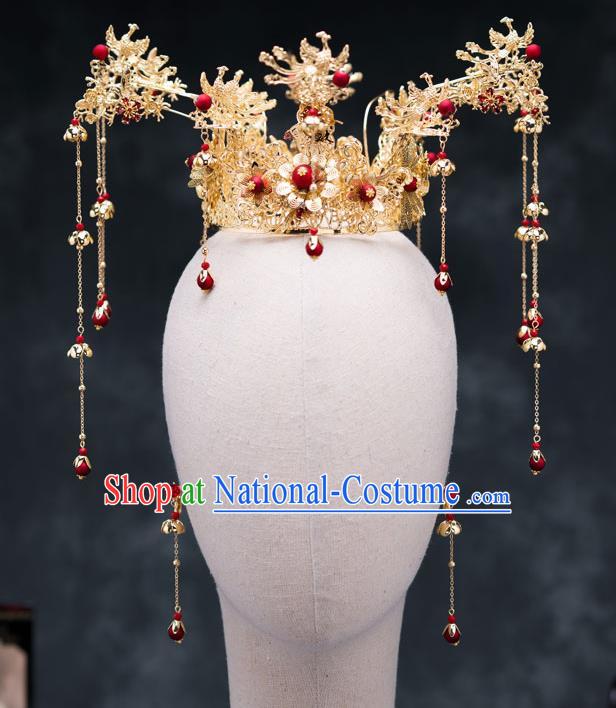 Chinese Ancient Bride Hair Accessories Golden Phoenix Coronet Traditional Hanfu Hairpins for Women