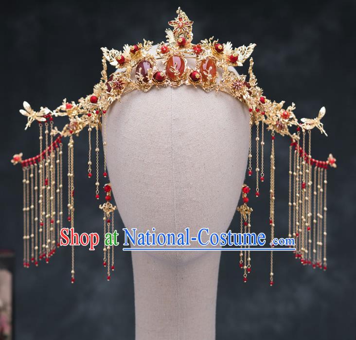 Chinese Ancient Bride Hair Accessories Wedding Agate Phoenix Coronet Traditional Hanfu Hairpins for Women