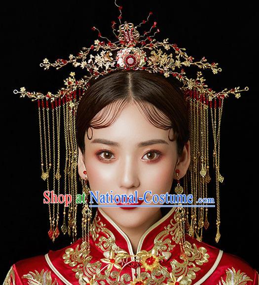 Chinese Ancient Wedding Red Crystal Phoenix Coronet Traditional Bride Palace Hair Accessories for Women