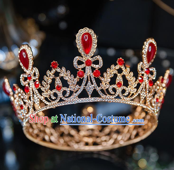 Handmade Wedding Bride Hair Accessories Baroque Red Crystal Royal Crown for Women