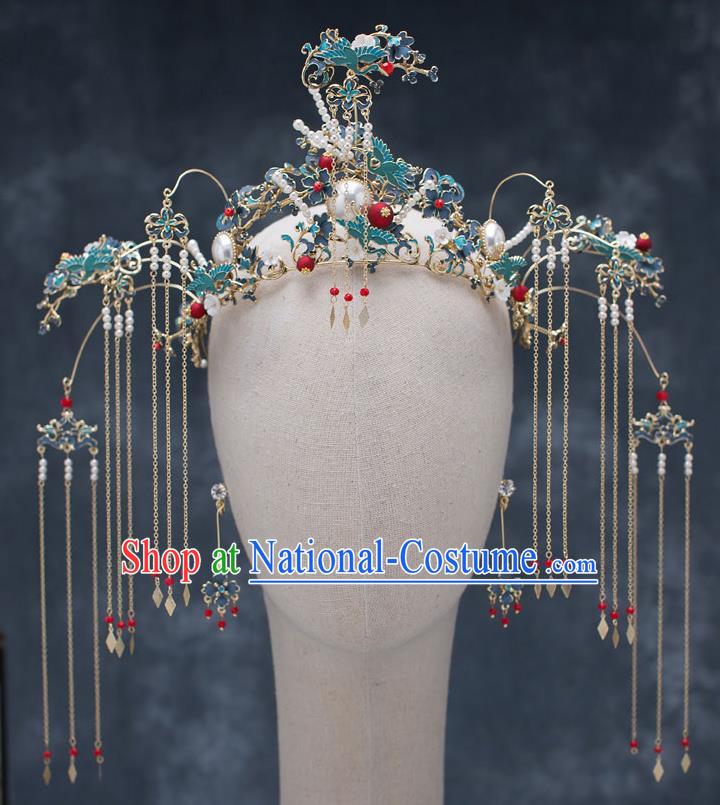 Chinese Ancient Wedding Blueing Cranes Phoenix Coronet Traditional Bride Palace Hair Accessories for Women