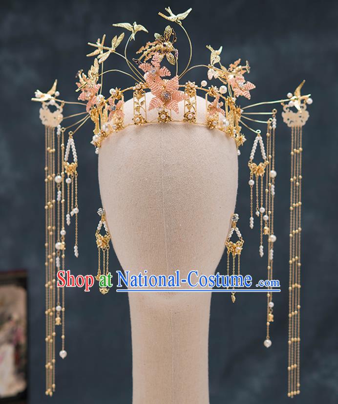 Chinese Ancient Palace Hair Accessories Hairpins Traditional Bride Golden Dragonfly Phoenix Coronet for Women