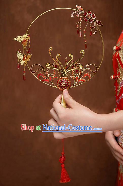 Chinese Traditional Wedding Cloisonne Red Round Fans Classical Ancient Bride Palace Fans for Women