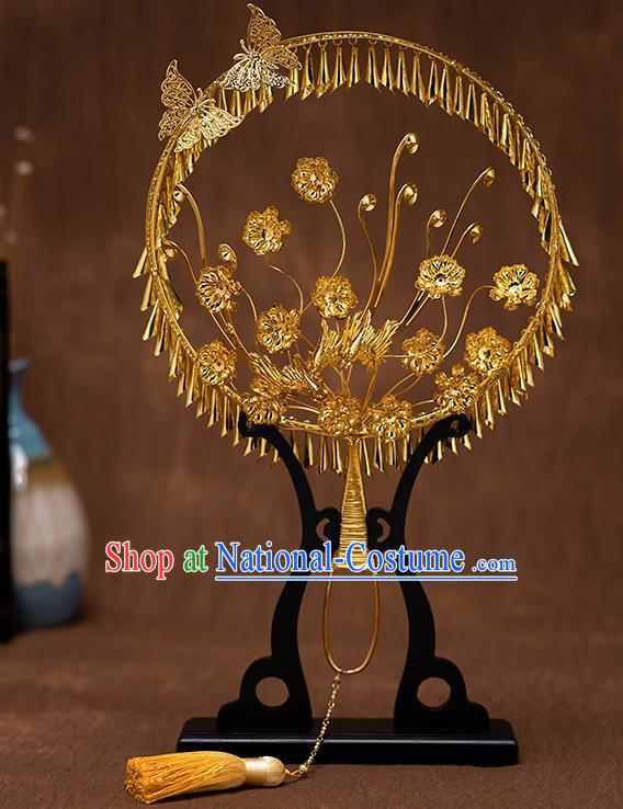 Chinese Traditional Wedding Golden Flowers Round Fans Classical Ancient Bride Palace Fans for Women