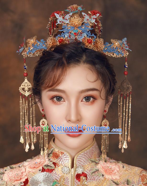 Chinese Ancient Palace Hair Accessories Hairpins Traditional Bride Blue Butterfly Phoenix Coronet for Women