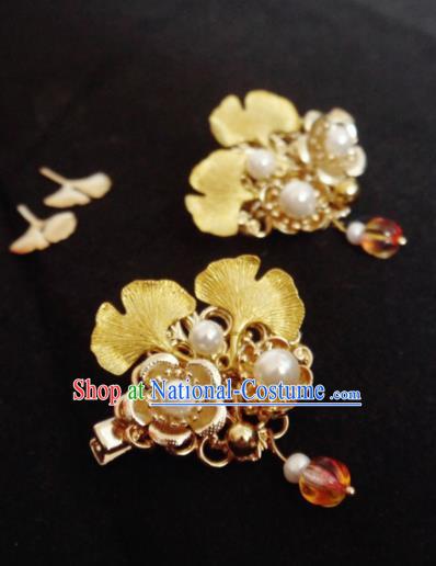 Chinese Ancient Hair Accessories Golden Ginkgo Hair Claws Traditional Bride Hanfu Hairpins for Women