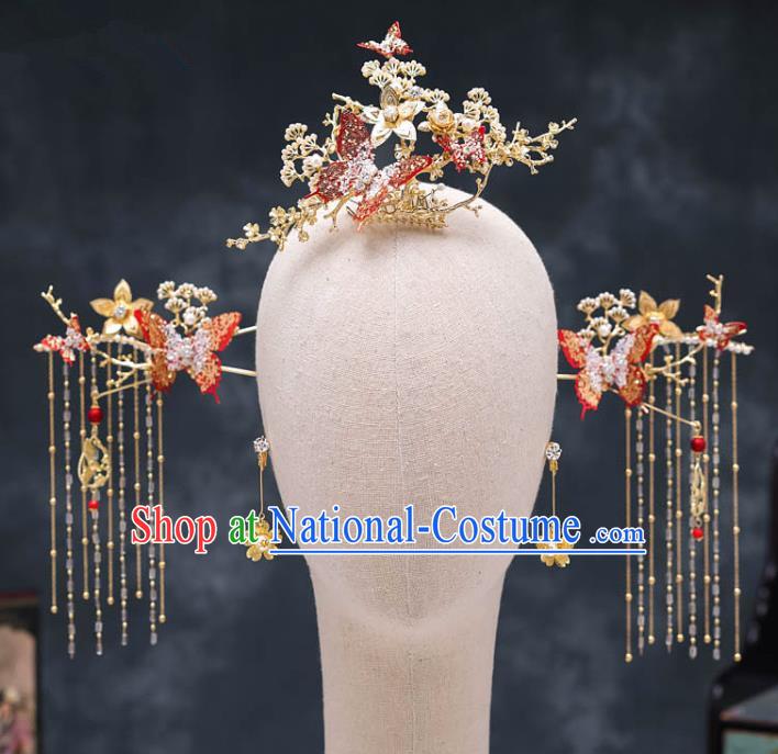 Chinese Ancient Palace Hair Accessories Hairpins Traditional Bride Red Crystal Butterfly Phoenix Coronet for Women