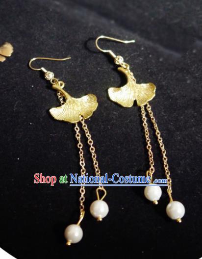 Chinese Ancient Hanfu Jewelry Accessories Traditional Wedding Golden Ginkgo Leaf Earrings for Women