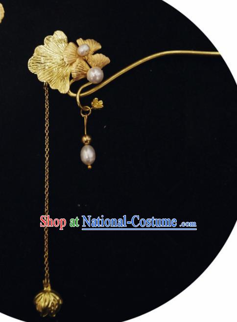 Chinese Ancient Hair Accessories Traditional Bride Hanfu Golden Ginkgo Tassel Hairpins for Women