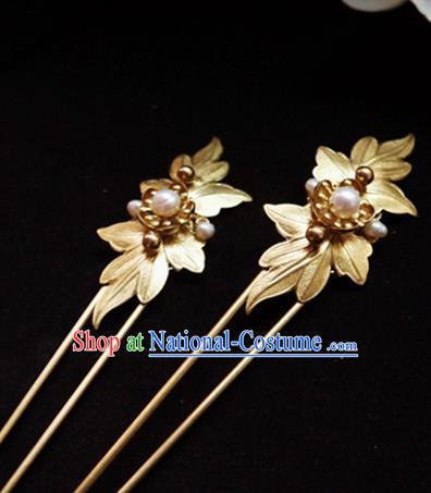 Chinese Ancient Hair Accessories Golden Leaf Hair Clip Traditional Bride Hanfu Hairpins for Women