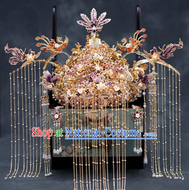 Chinese Ancient Palace Hair Accessories Hairpins Traditional Bride Purple Phoenix Coronet for Women