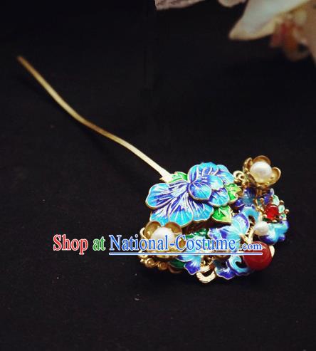 Chinese Ancient Hair Accessories Blueing Peony Hair Clip Traditional Bride Hanfu Hairpins for Women