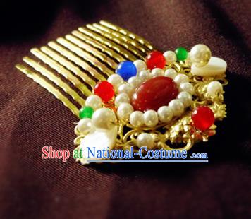 Chinese Ancient Hair Accessories Classical Pearls Agate Hair Comb Traditional Hanfu Hairpins for Women