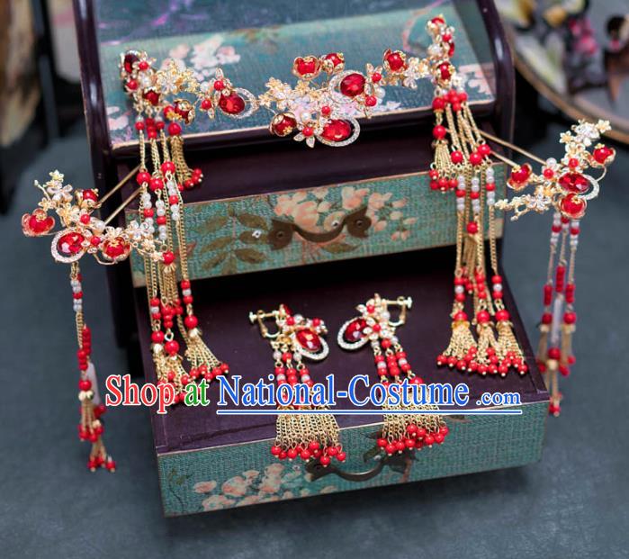 Chinese Ancient Palace Hair Accessories Hairpins Traditional Bride Red Crystal Hair Clasp for Women