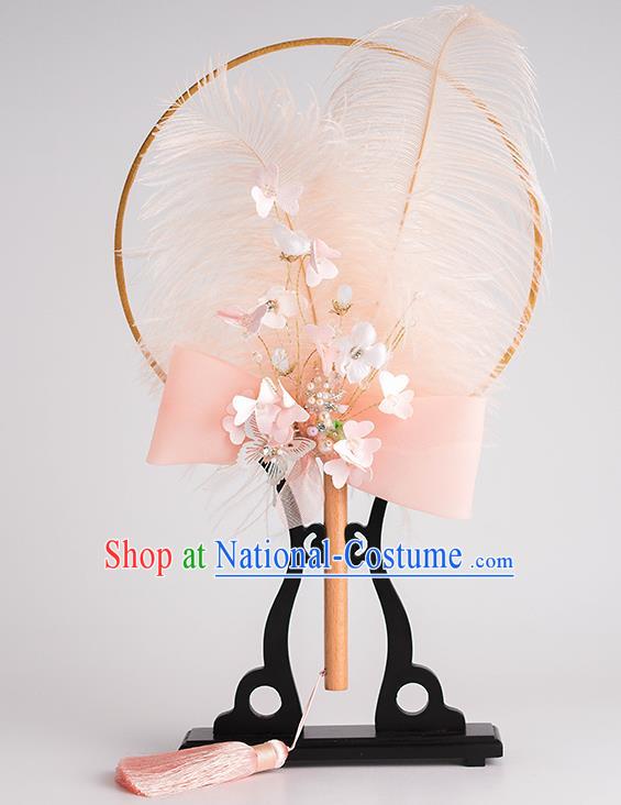 Chinese Traditional Wedding Pink Feather Round Fans Classical Ancient Bride Palace Fans for Women