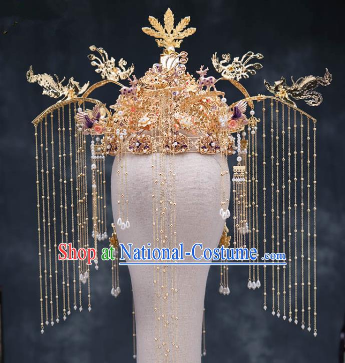 Chinese Ancient Bride Hair Accessories Traditional Wedding Cloisonne Purple Phoenix Coronet Hanfu Hairpins for Women