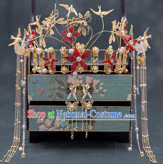 Chinese Ancient Bride Hair Accessories Traditional Wedding Red Flowers Phoenix Coronet Hanfu Hairpins for Women