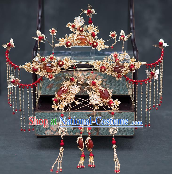 Chinese Ancient Bride Agate Hair Accessories Traditional Wedding Hanfu Hairpins Complete Set for Women